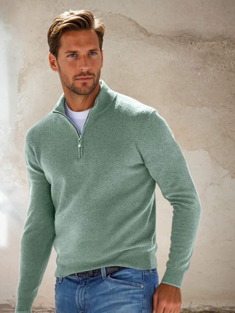 NOUVEAU RICHE Hommes | Eleganter Herren Zip-Pullover mit Stehkragen & Reißverschluss - Moderner Troyer Strickpullover, Bequemer Feinstrick Half-Zip Pulli für Business & Freizeit Grün