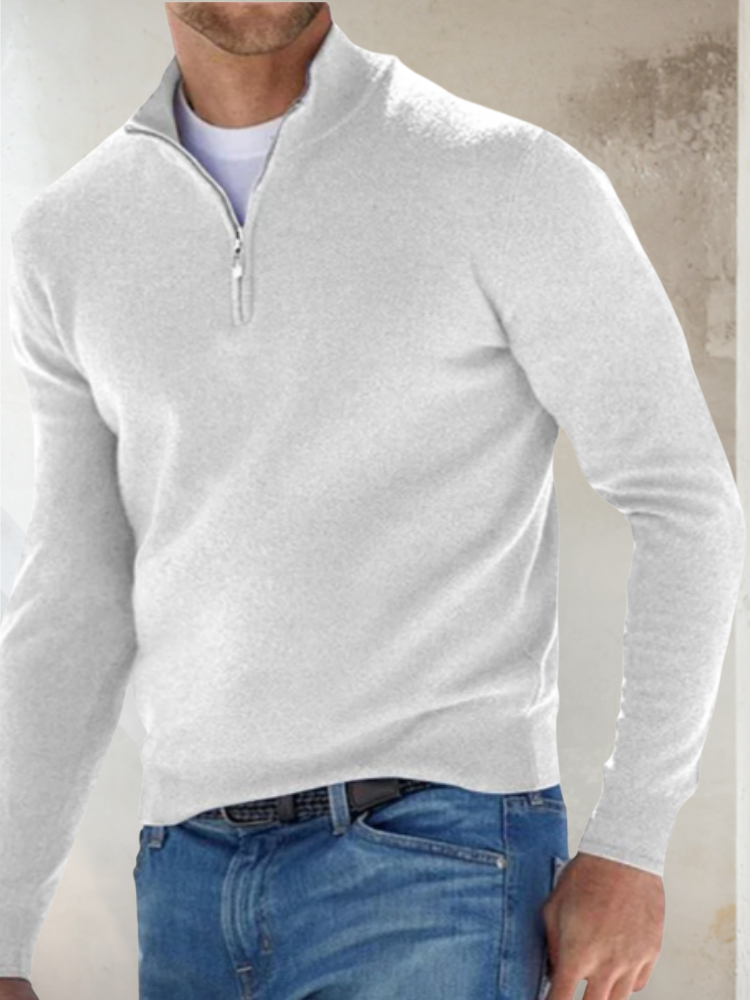 NOUVEAU RICHE Hommes | Eleganter Herren Zip-Pullover mit Stehkragen & Reißverschluss - Moderner Troyer Strickpullover, Bequemer Feinstrick Half-Zip Pulli für Business & Freizeit Weiß
