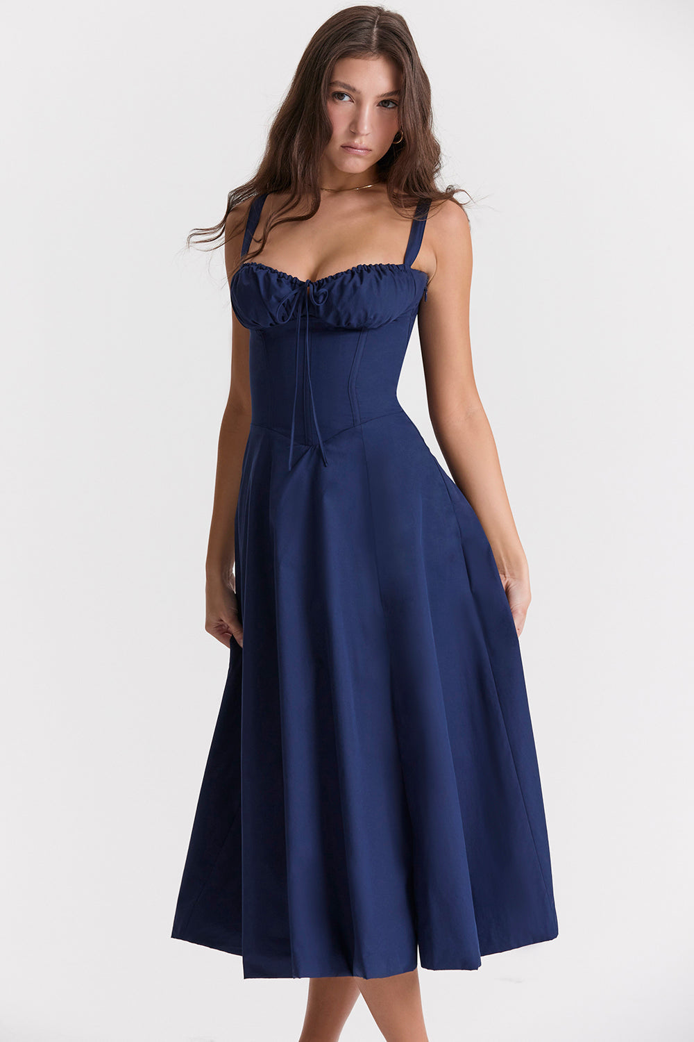 NOUVEAU RICHE Luma | Damen Bustier-Kleid – Moderner Frühlingsprint, Taillierter Schnitt & Femininer Look Marineblau