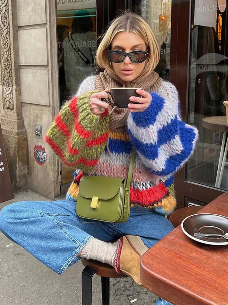 NOUVEAU RICHE Damen Mohair-Pullover Bunt – Weiche Strickqualität & Kuschel-Komfort Blau