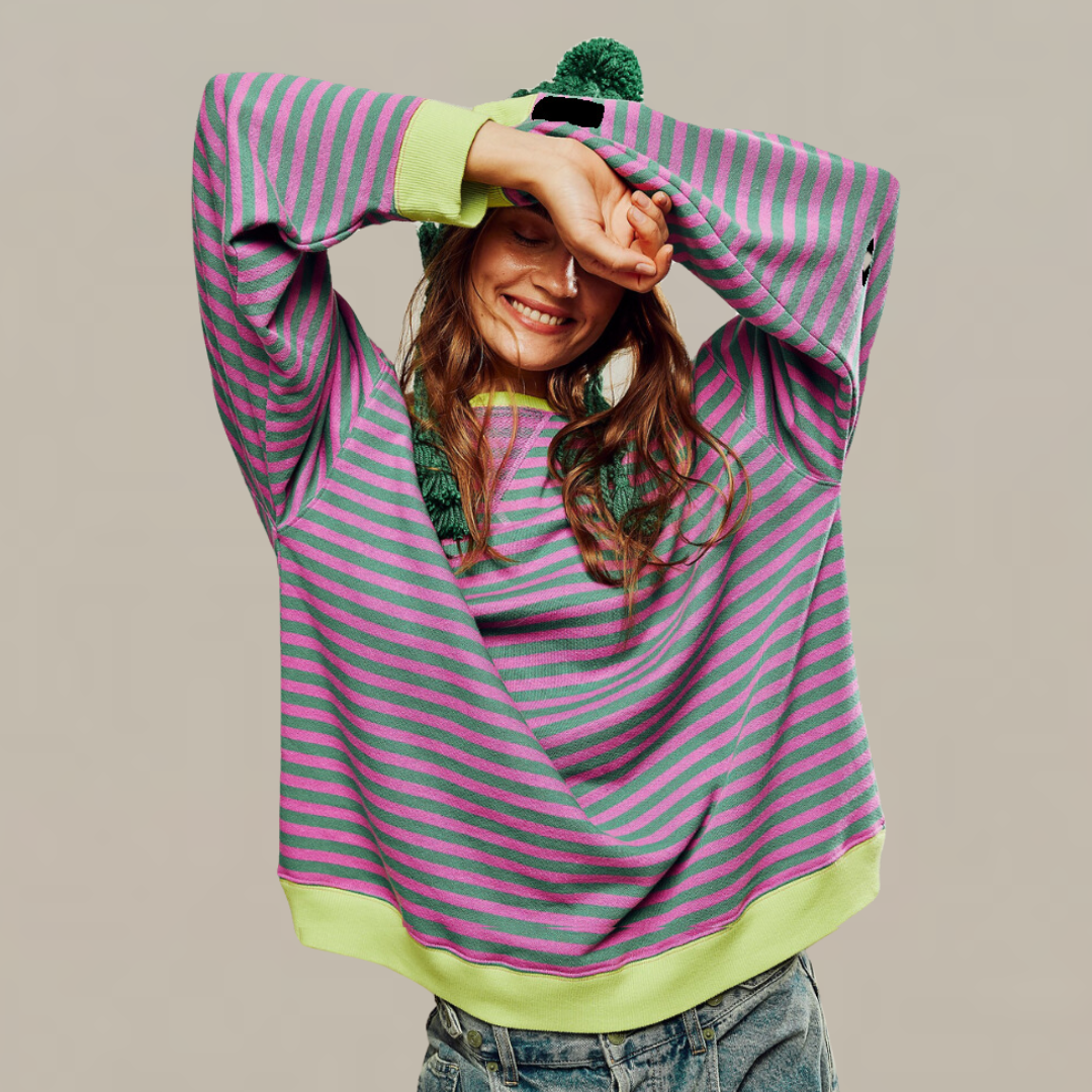 NOUVEAU RICHE Übergroßer Gestreifter Pullover Für Lagenlooks Und Komfort Grün & Pink