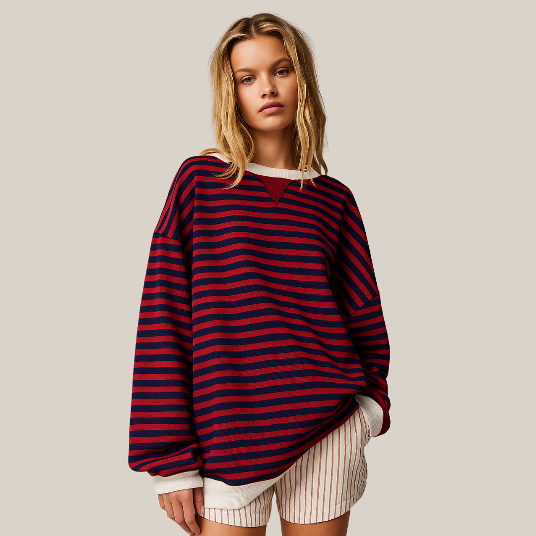 NOUVEAU RICHE Übergroßer Gestreifter Pullover Für Lagenlooks Und Komfort Schwarz & Rot