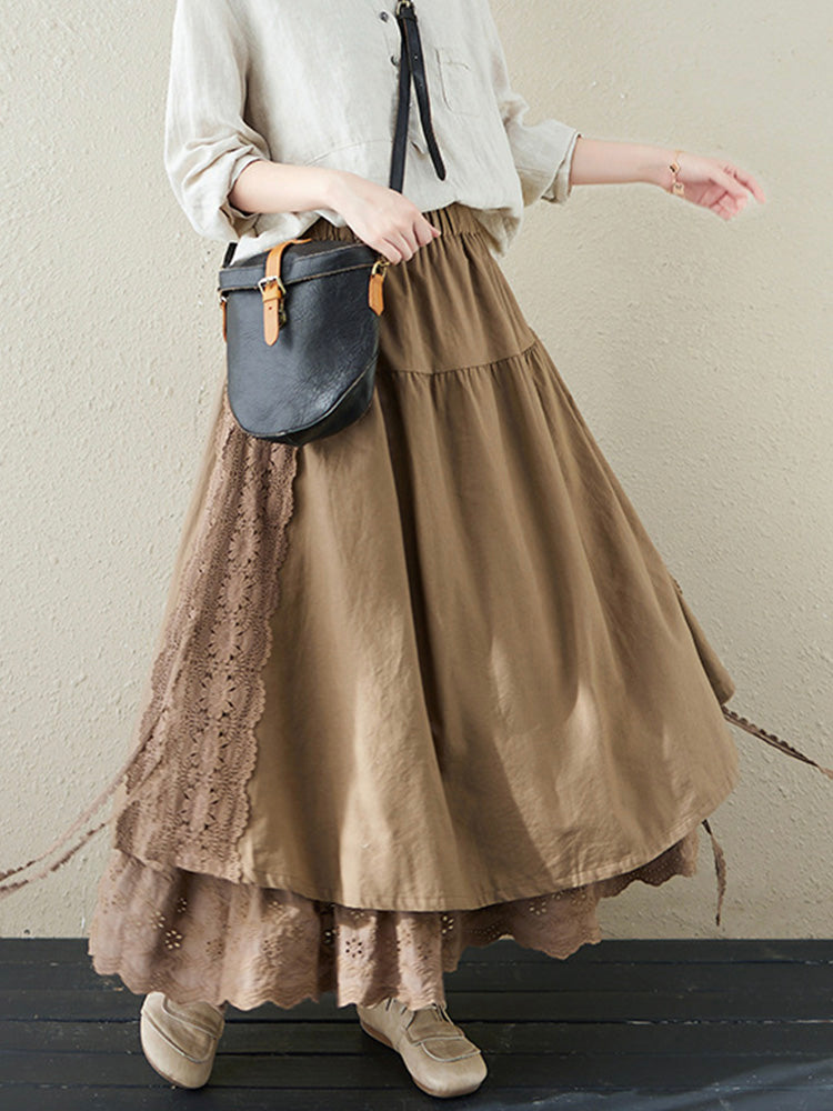 NOUVEAU RICHE Zweilagiger Leinenrock mit Floraler Spitzenstickerei und Elastischem Bund in Erdigen Farben für Damen Hellbraun