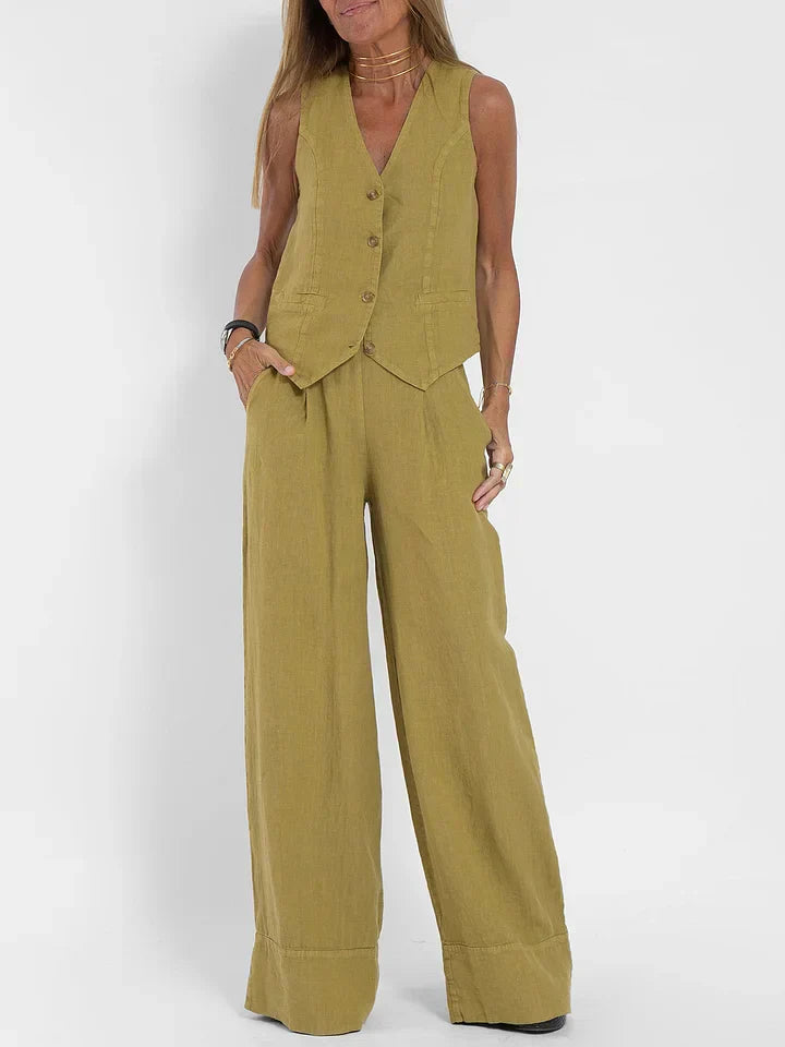 NOUVEAU RICHE Zweiteiliges Outfit Leinen Eng Anliegende Weste Weite Hose Olivgrün