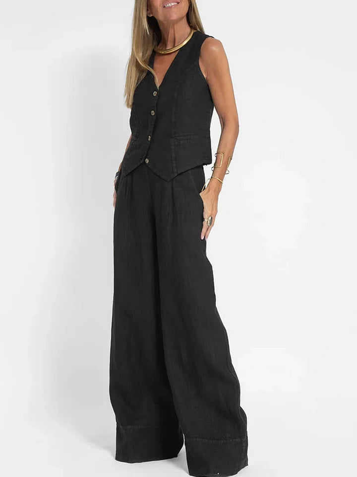 NOUVEAU RICHE Zweiteiliges Outfit Leinen Eng Anliegende Weste Weite Hose Schwarz
