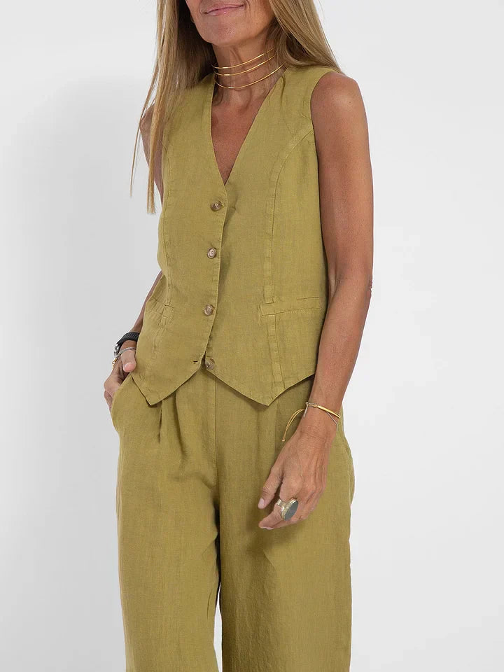 NOUVEAU RICHE Zweiteiliges Outfit Leinen Eng Anliegende Weste Weite Hose