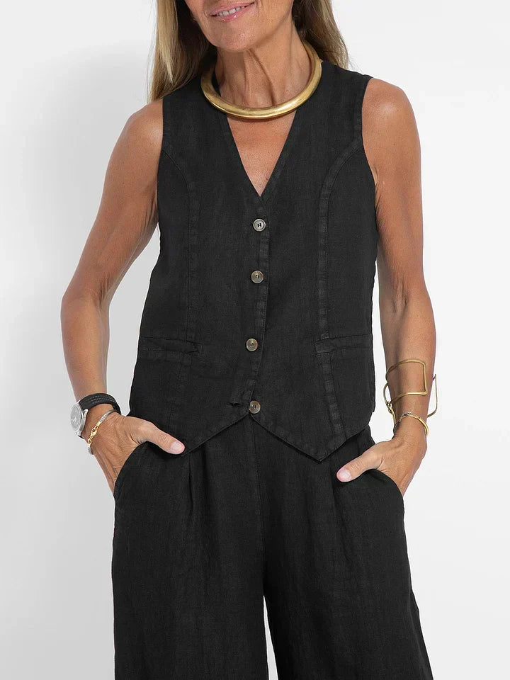 NOUVEAU RICHE Zweiteiliges Outfit Leinen Eng Anliegende Weste Weite Hose