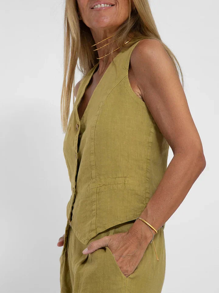 NOUVEAU RICHE Zweiteiliges Outfit Leinen Eng Anliegende Weste Weite Hose
