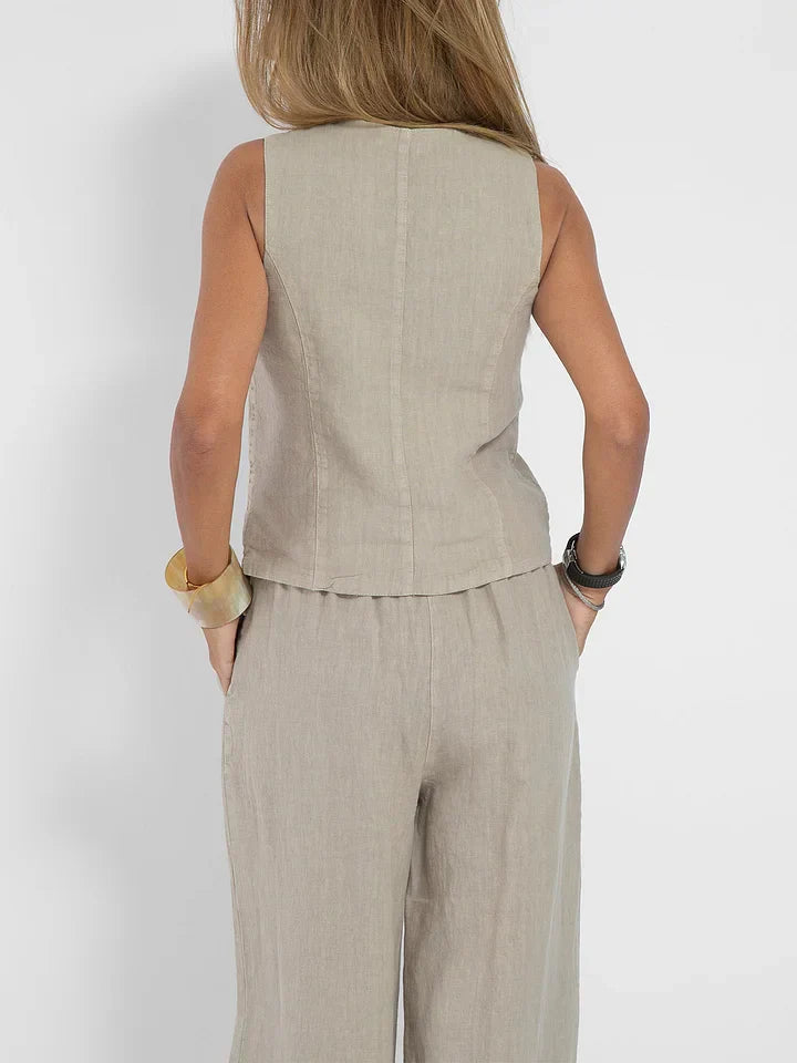 NOUVEAU RICHE Zweiteiliges Outfit Leinen Eng Anliegende Weste Weite Hose