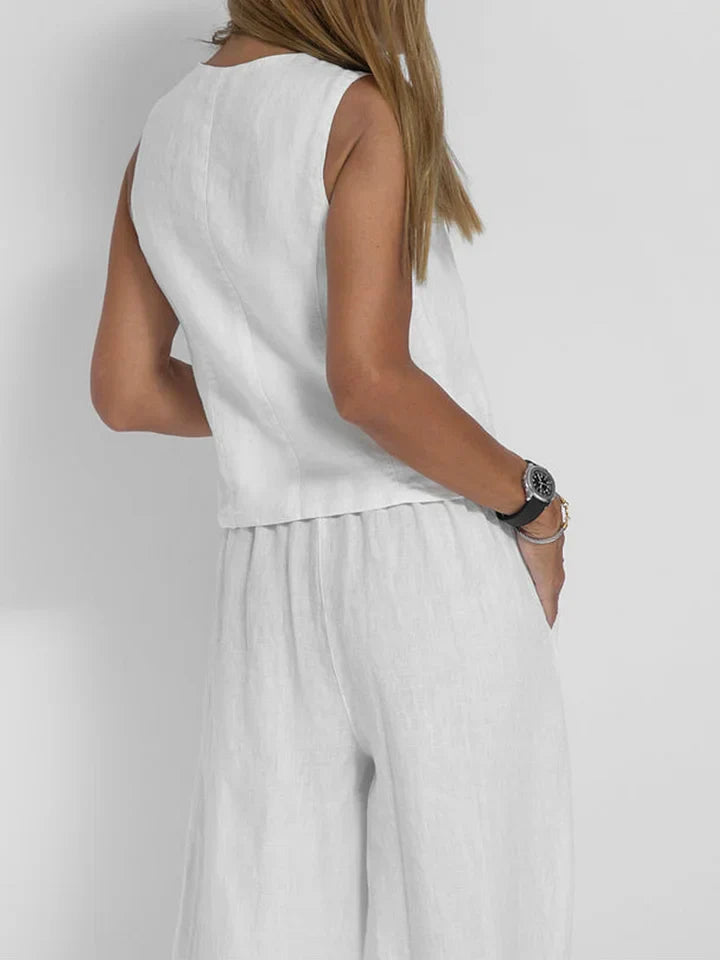 NOUVEAU RICHE Zweiteiliges Outfit Leinen Eng Anliegende Weste Weite Hose