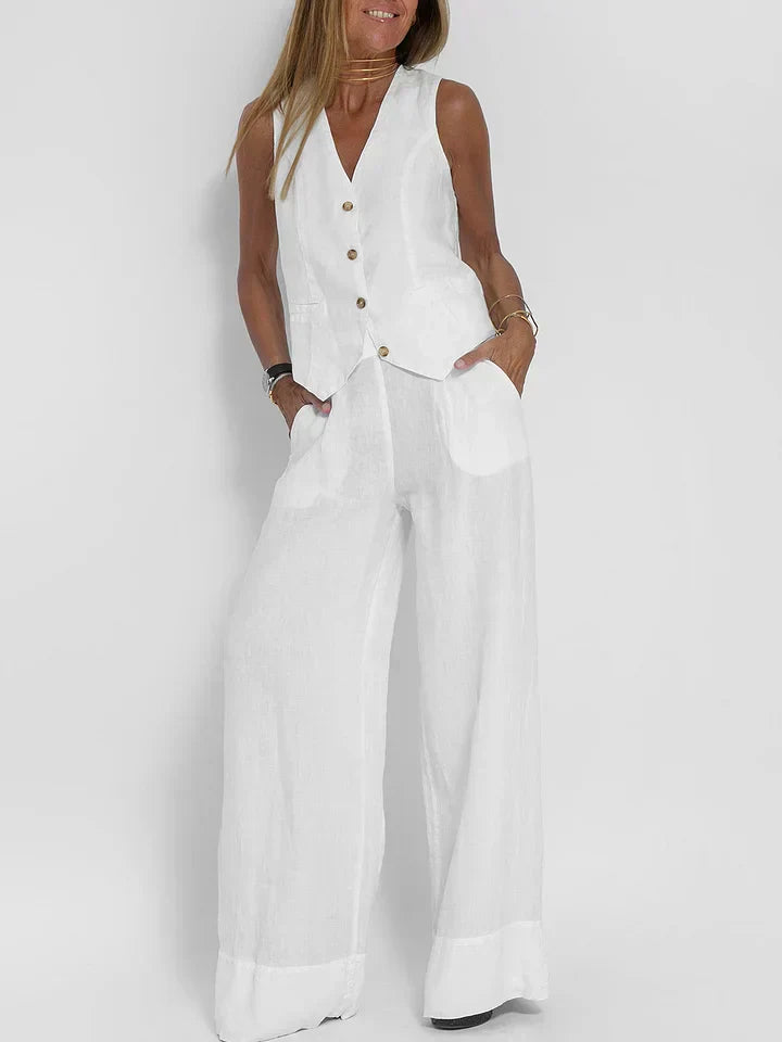 NOUVEAU RICHE Zweiteiliges Outfit Leinen Eng Anliegende Weste Weite Hose Weiß