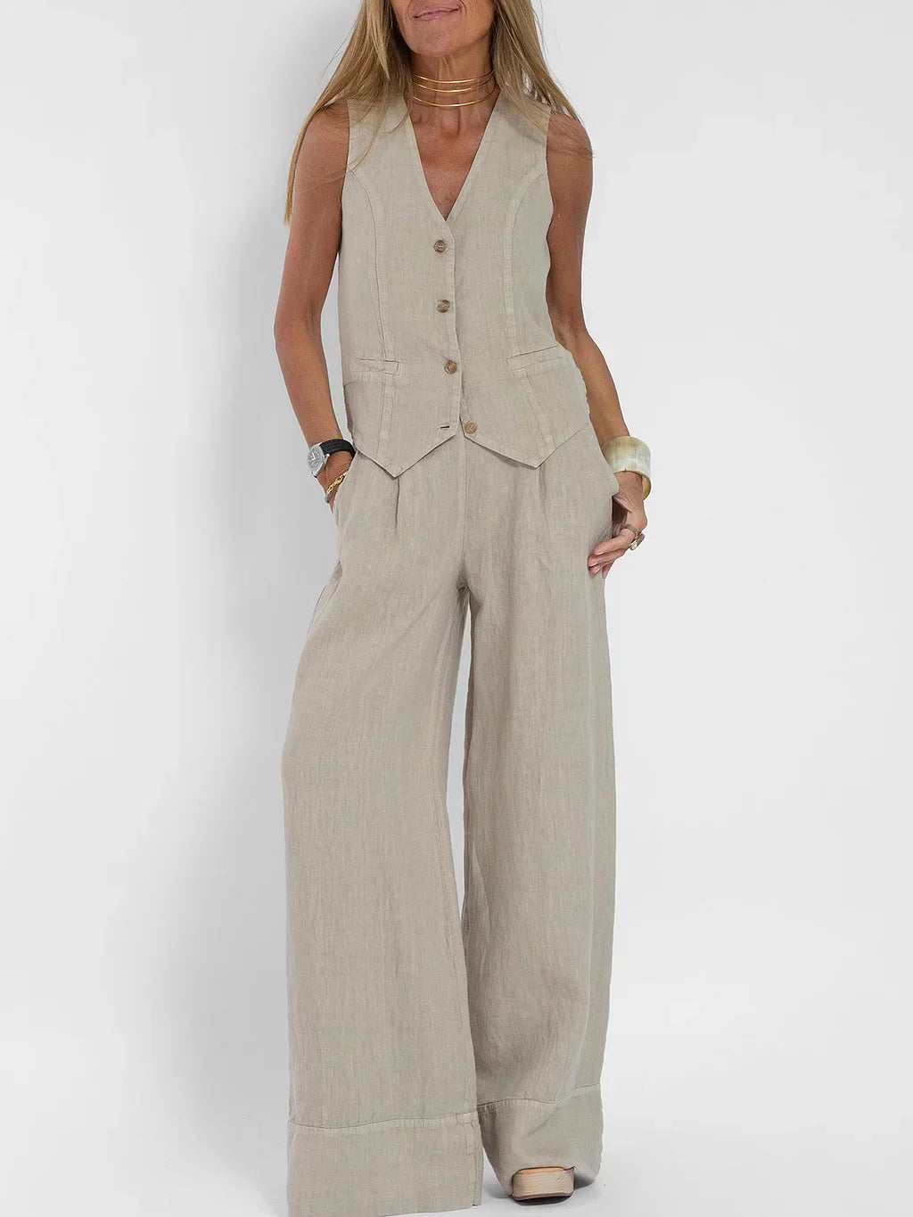 NOUVEAU RICHE Zweiteiliges Outfit Leinen Eng Anliegende Weste Weite Hose Beige