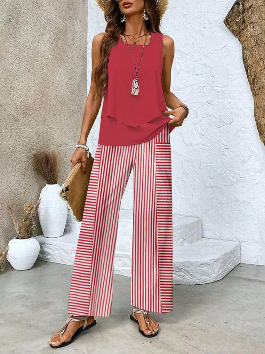 NOUVEAU RICHE Zweiteiliges Ärmelloses Damenset Mit Gerader Hose Eleganz Rot