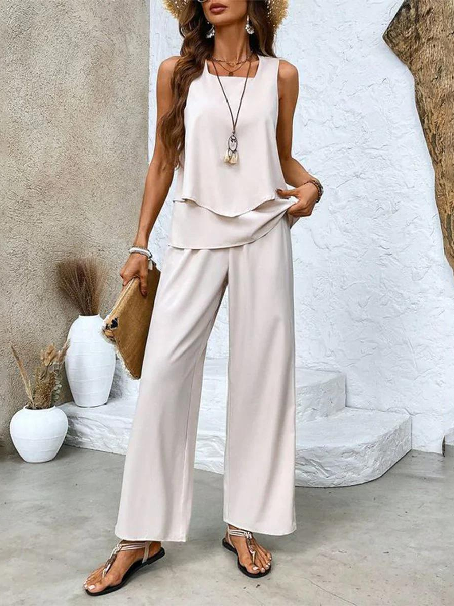NOUVEAU RICHE Zweiteiliges Ärmelloses Damenset Mit Gerader Hose Eleganz Creme