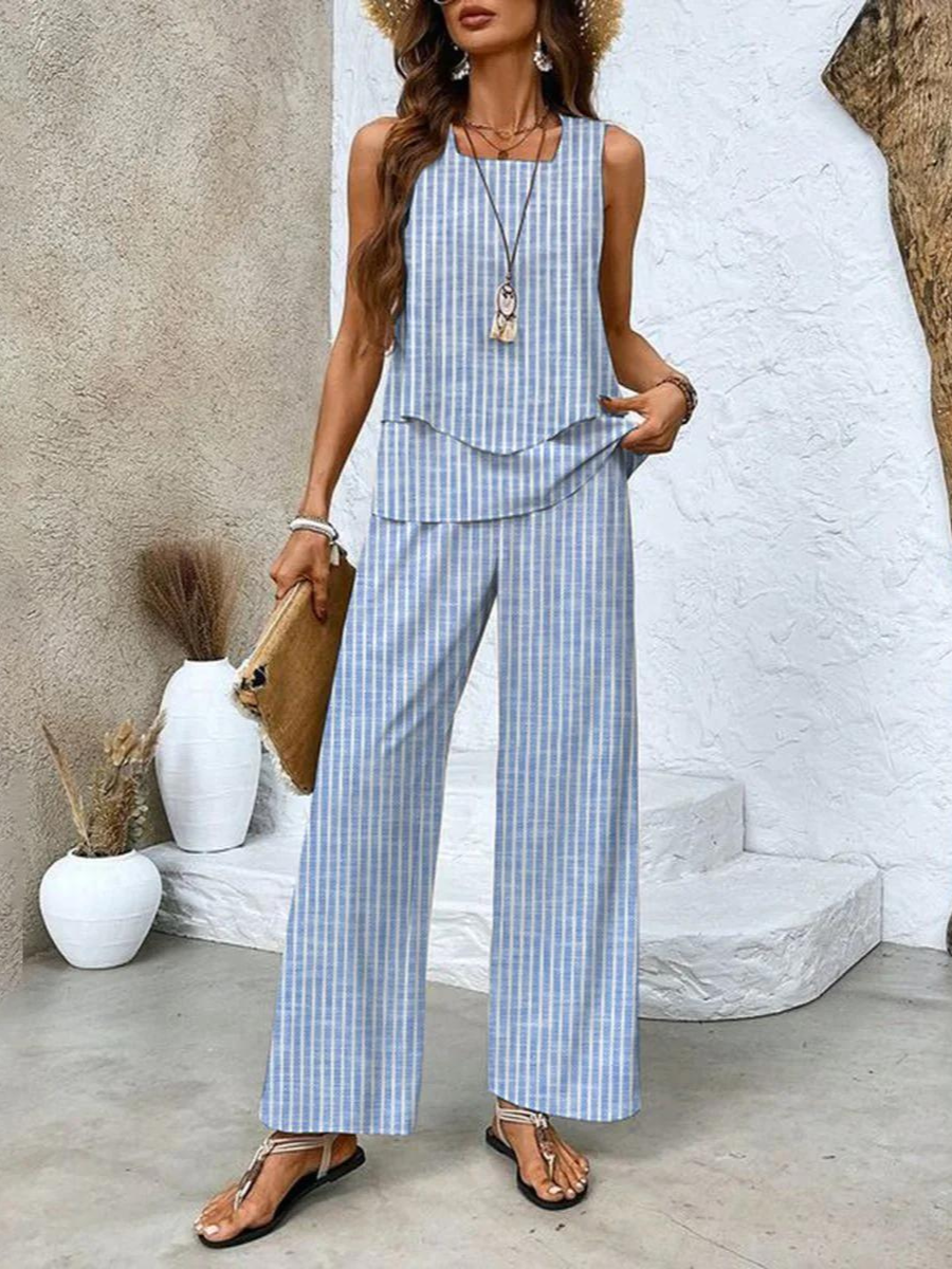 NOUVEAU RICHE Zweiteiliges Ärmelloses Damenset Mit Gerader Hose Eleganz Streifen