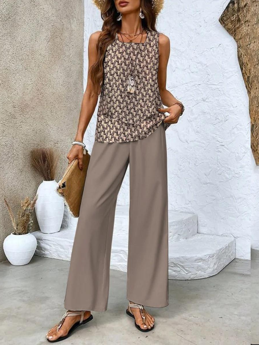 NOUVEAU RICHE Zweiteiliges Ärmelloses Damenset Mit Gerader Hose Eleganz Braun