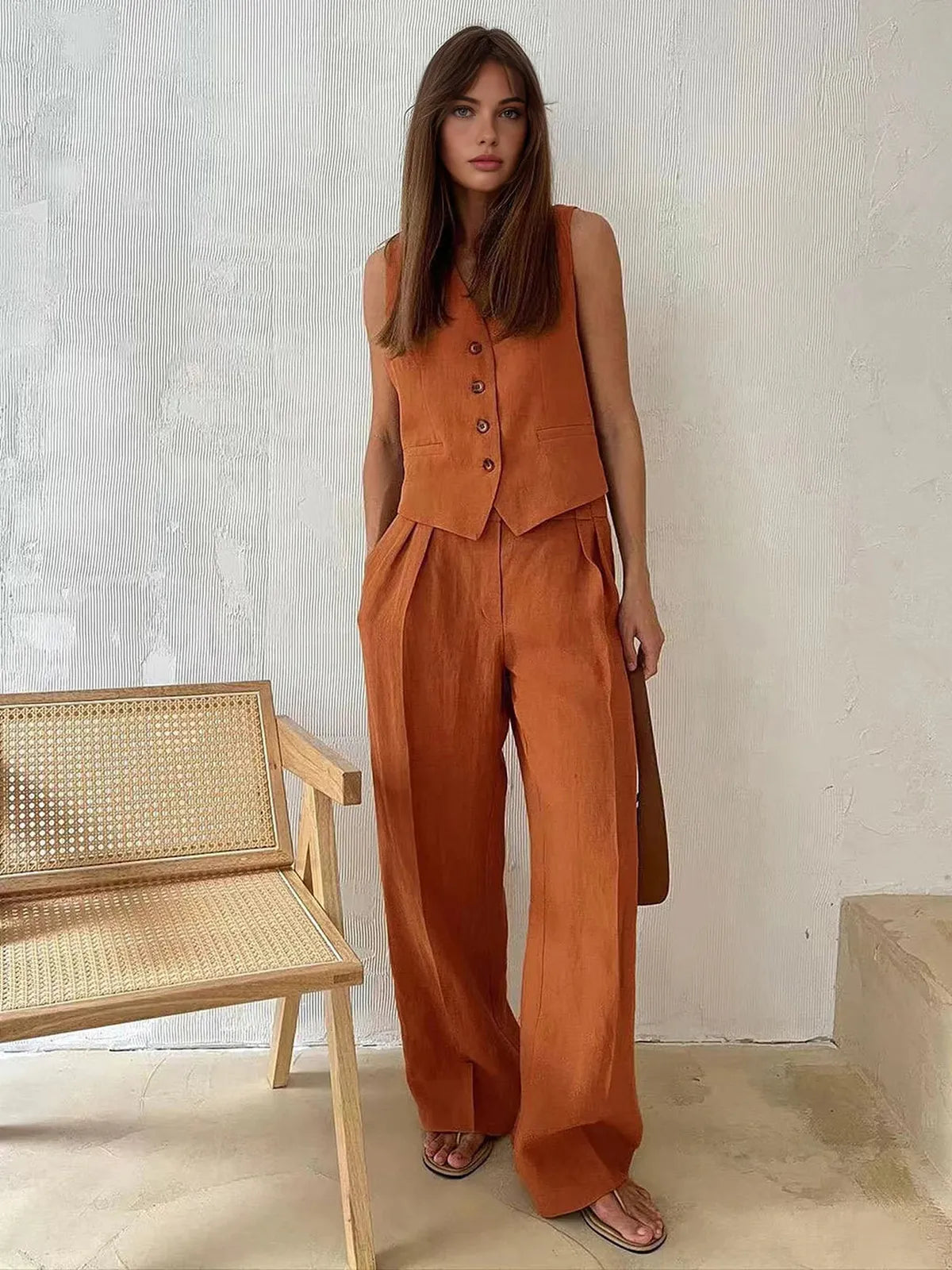 NOUVEAU RICHE Zweiteiliges Set aus Baumwoll-Leinen: Hemd und Gerade Hose Orange