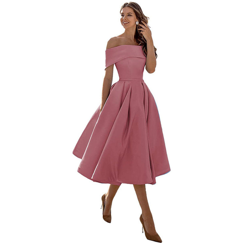 NOUVEAU RICHE Schulterfreies Satin Sommerkleid Damen Elegant Luftig A Linie