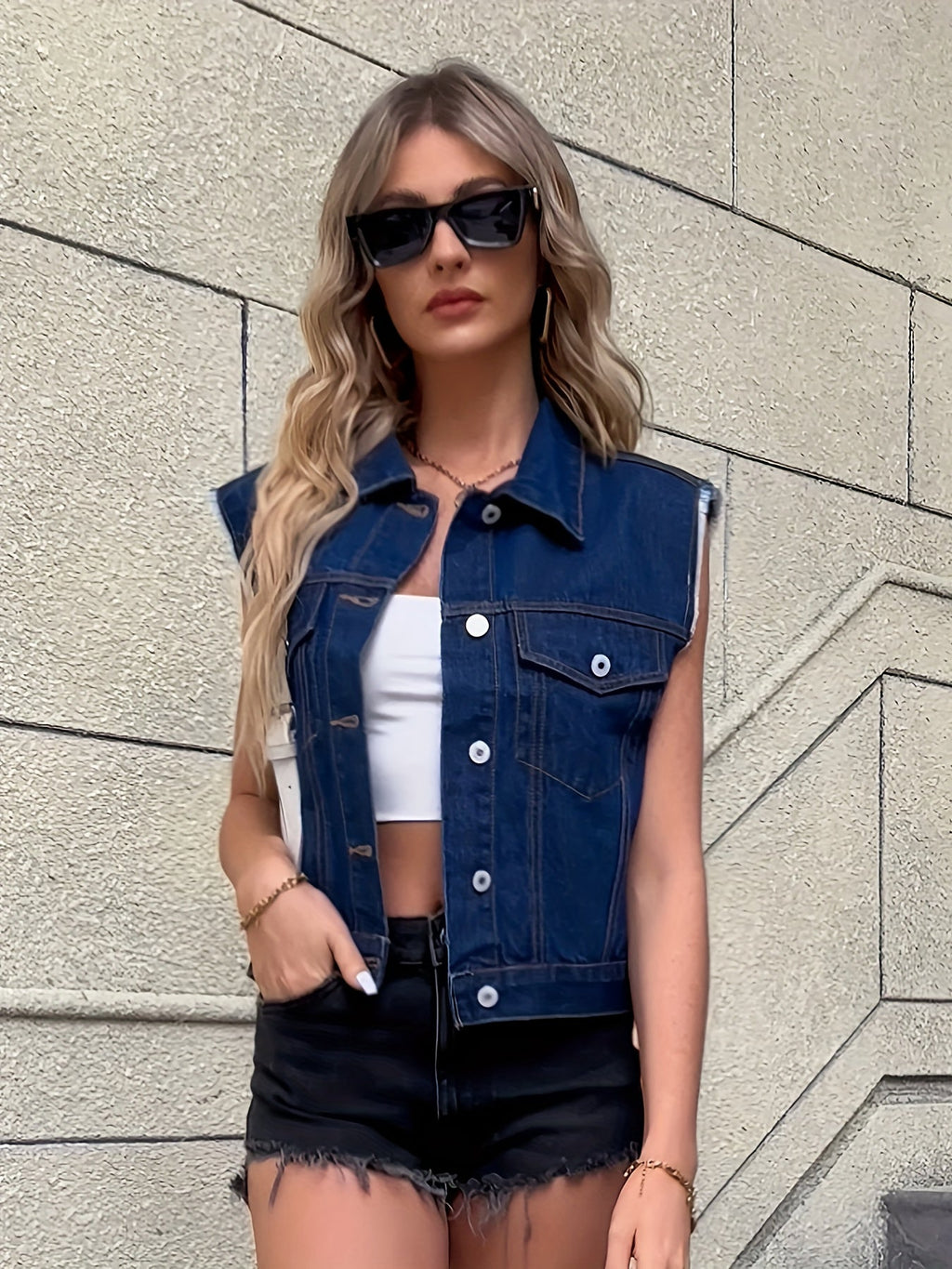 NOUVEAU RICHE Ärmellose Jeansjacke Pattentaschen Klassischen Denim Look