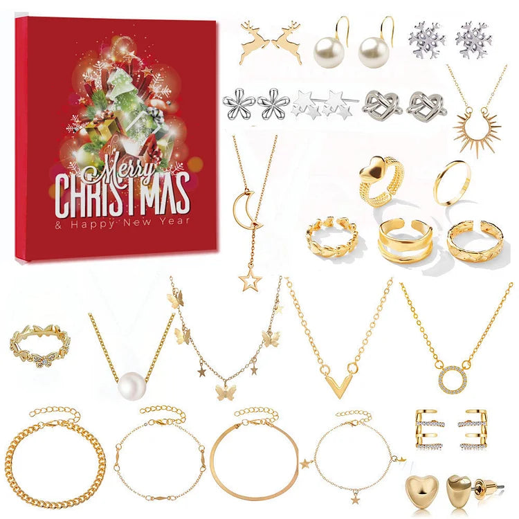 NOUVEAU RICHE Schmuck-Adventskalender – Adventskalender mit 24 Schmuckstücken in Gold & Silber, Ketten, Armbänder & Ohrringe für Damen – Livia Box A
