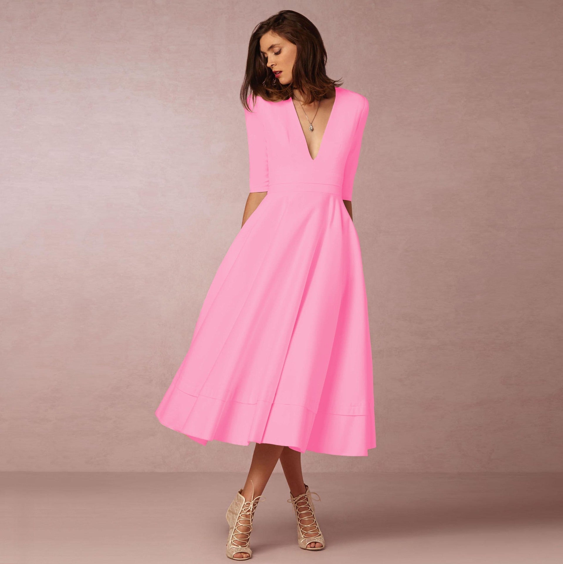 NOUVEAU RICHE Midikleid Damen A-Linie V-Ausschnitt Halbarmlänge Elegant Rosa