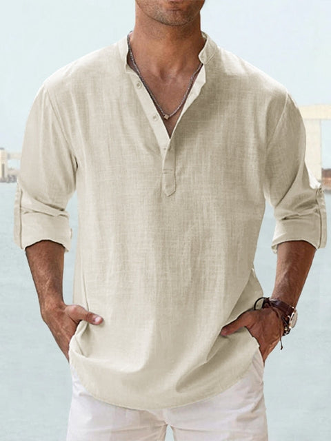 NOUVEAU RICHE Sommerhemd Herren Leichtes Langarm Stehkragen Atmungsaktiv Beige