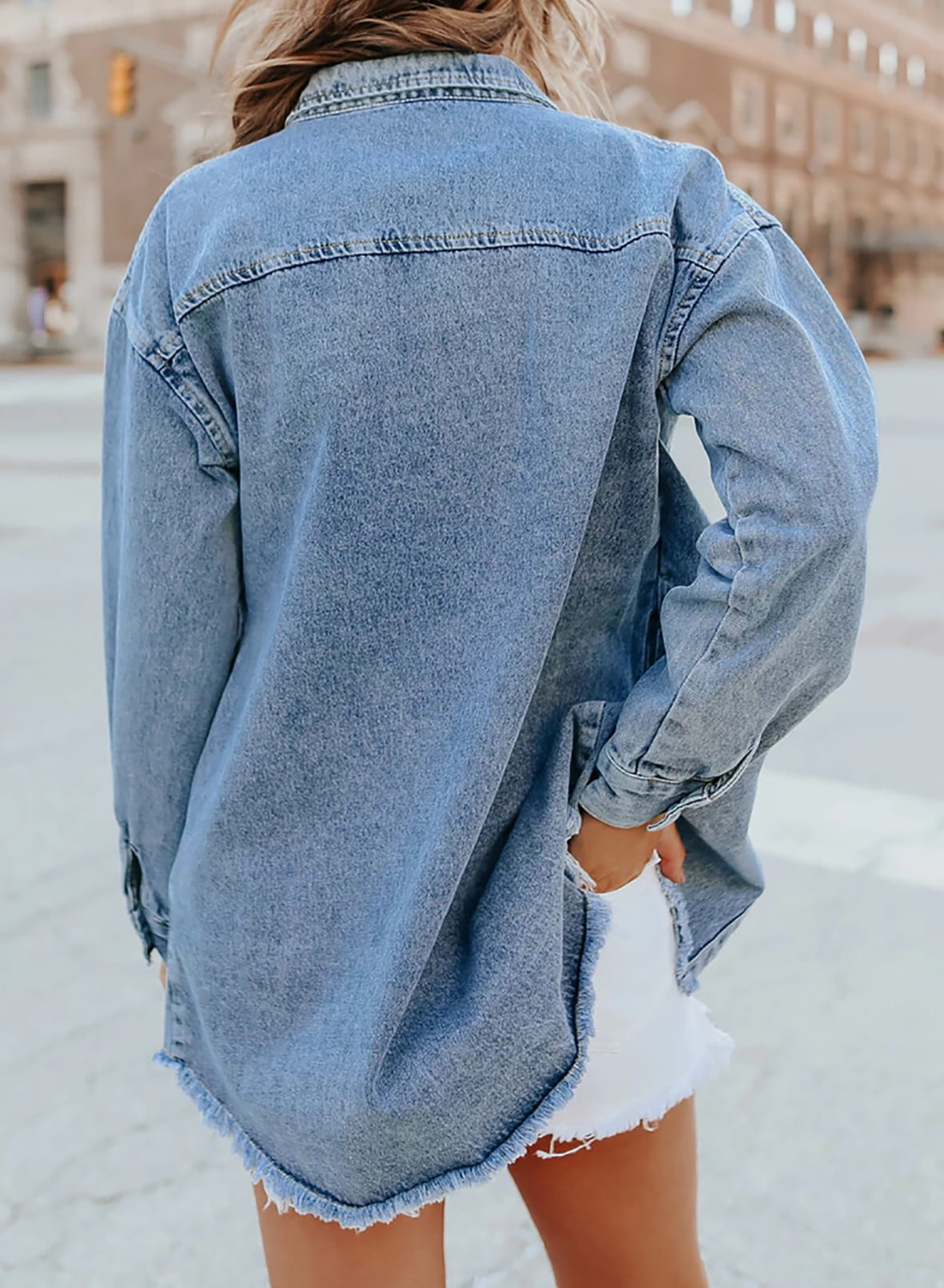 Damen Jeansjacke Klassischer Stil Ausgefransten Akzenten