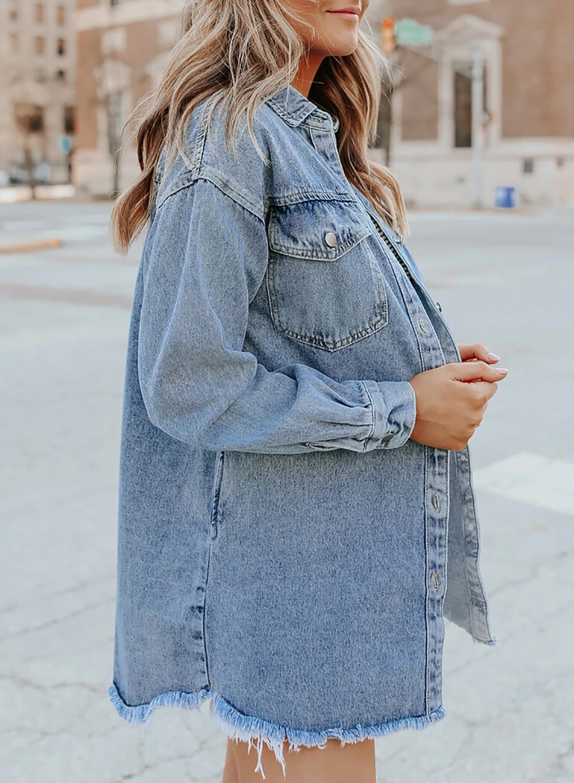 Damen Jeansjacke Klassischer Stil Ausgefransten Akzenten