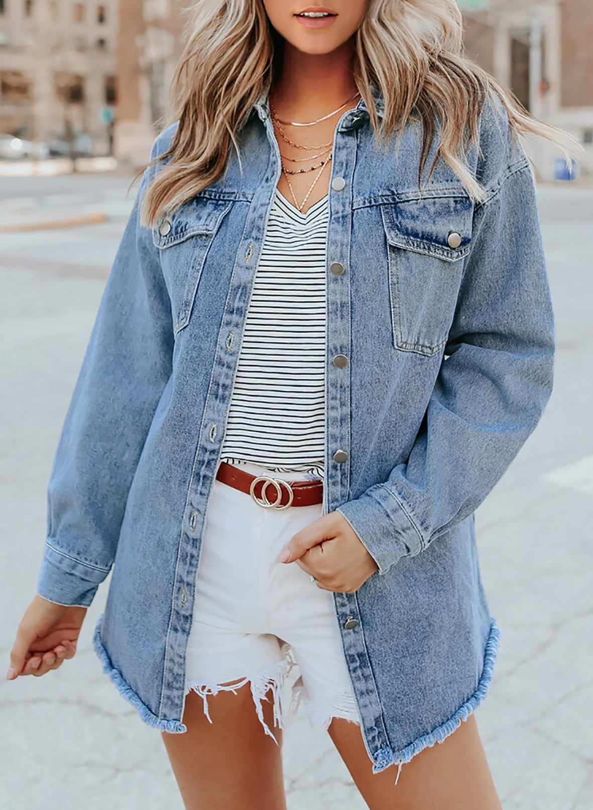 Damen Jeansjacke Klassischer Stil Ausgefransten Akzenten
