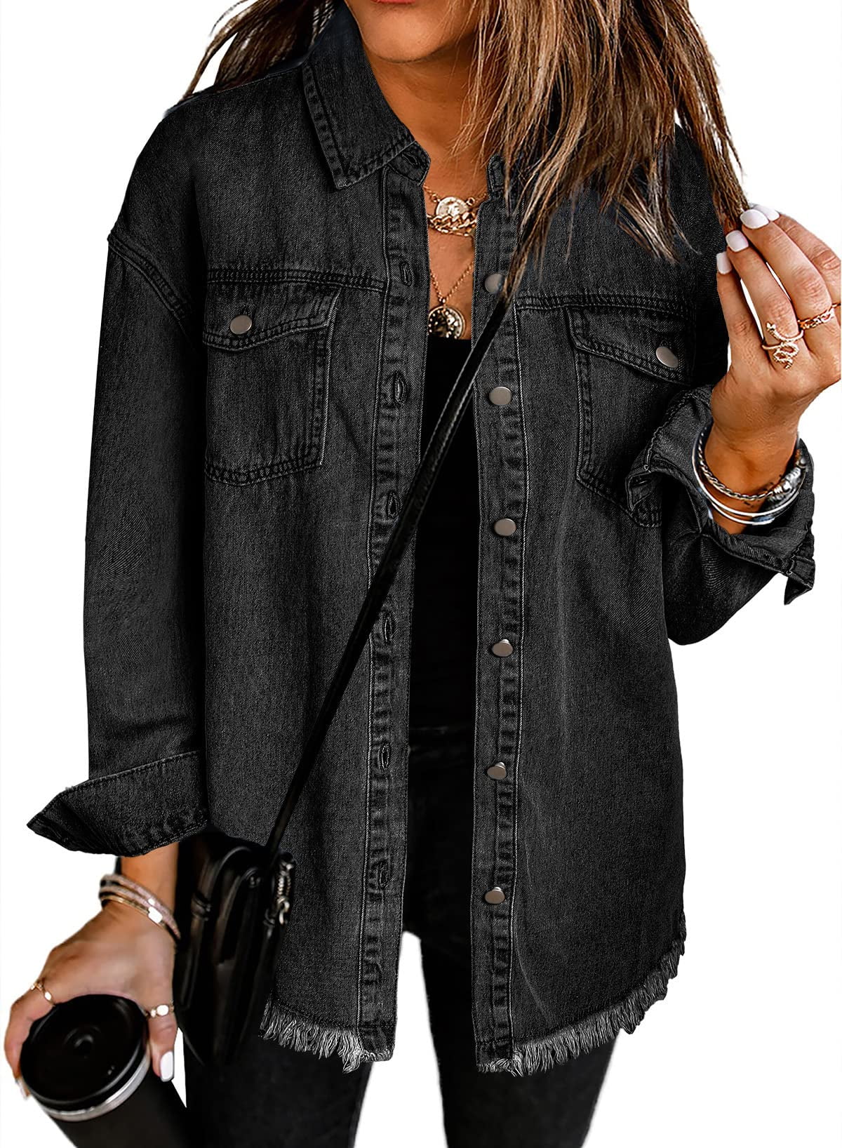 Damen Jeansjacke Klassischer Stil Ausgefransten Akzenten