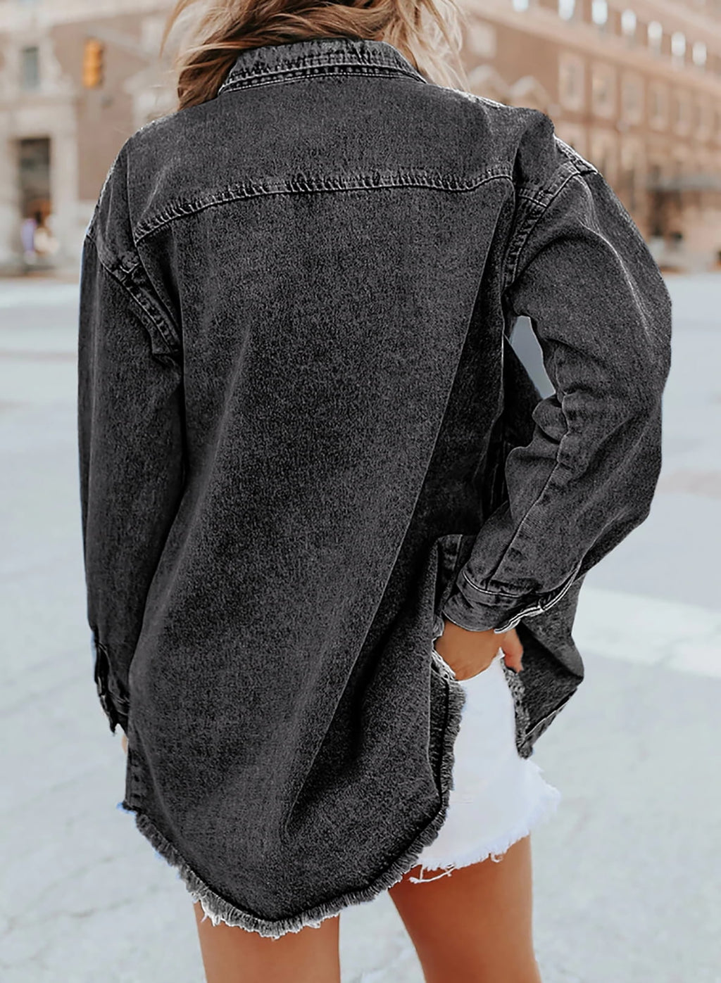 Damen Jeansjacke Klassischer Stil Ausgefransten Akzenten