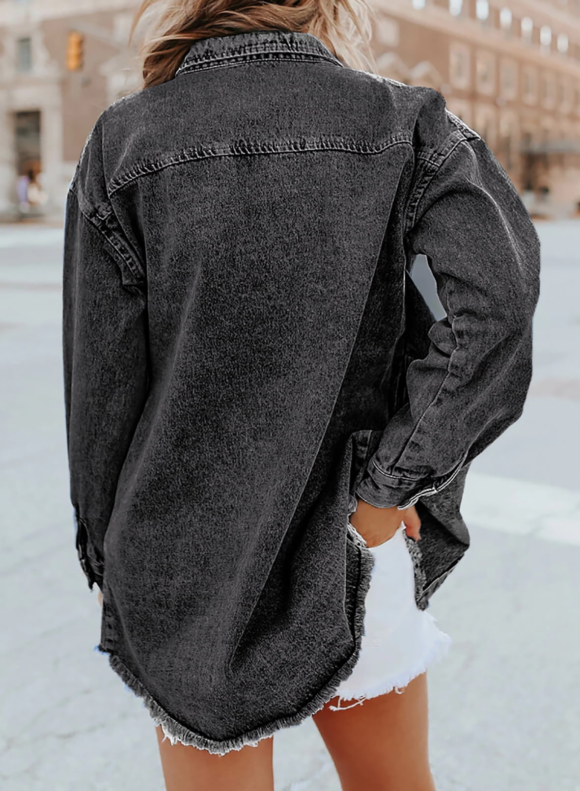 Damen Jeansjacke Klassischer Stil Ausgefransten Akzenten