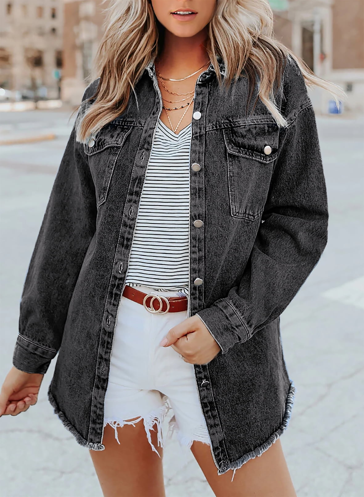 Damen Jeansjacke Klassischer Stil Ausgefransten Akzenten