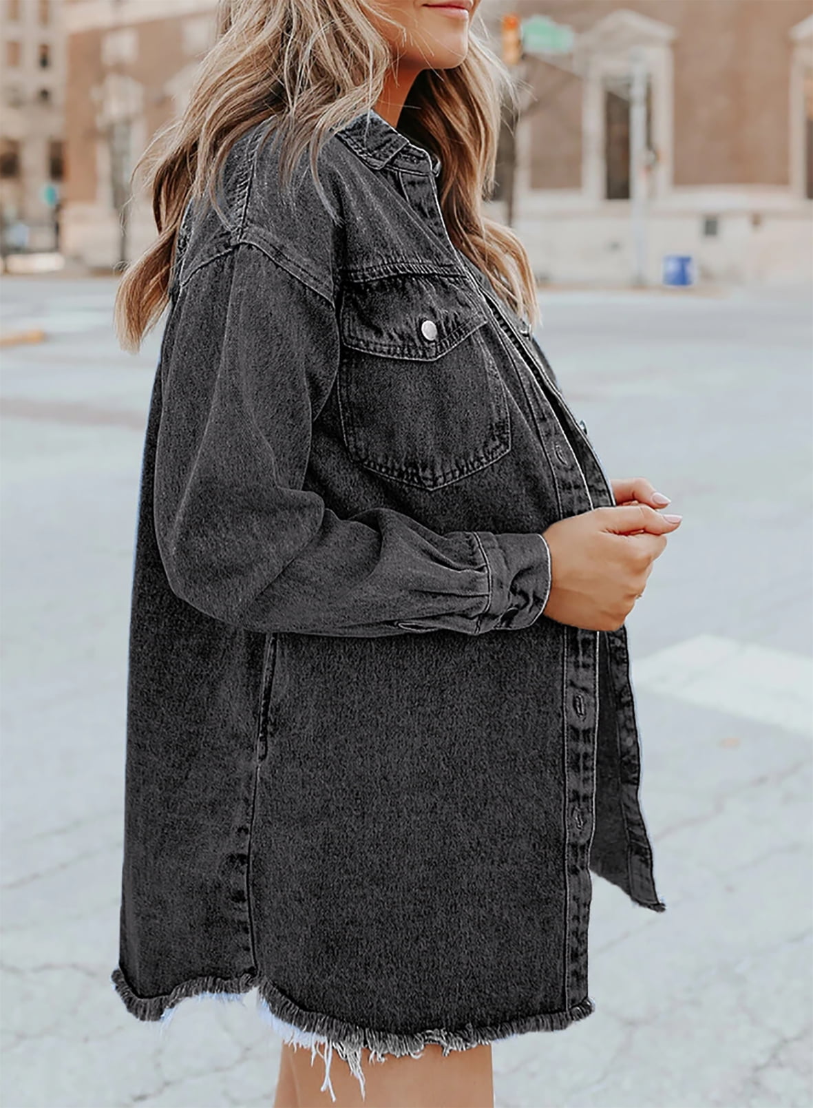 Damen Jeansjacke Klassischer Stil Ausgefransten Akzenten