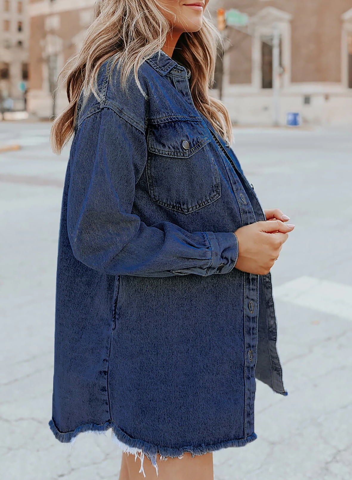 Damen Jeansjacke Klassischer Stil Ausgefransten Akzenten