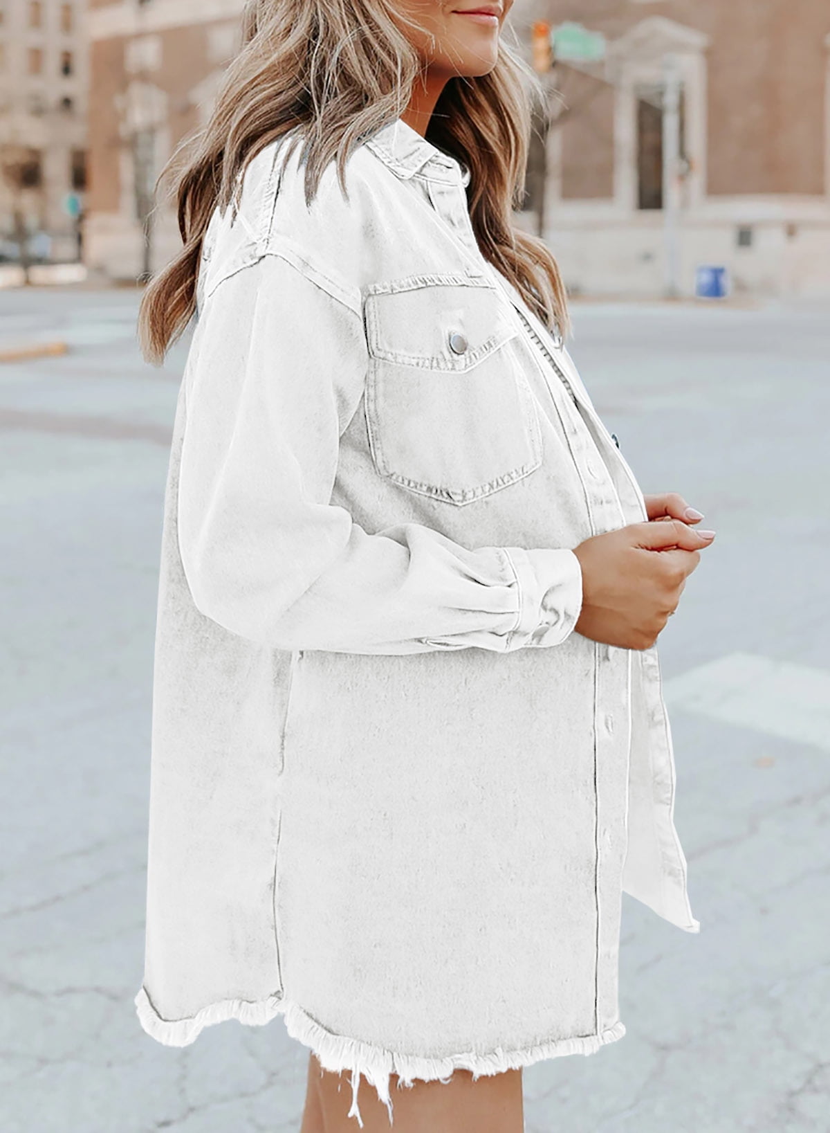 Damen Jeansjacke Klassischer Stil Ausgefransten Akzenten