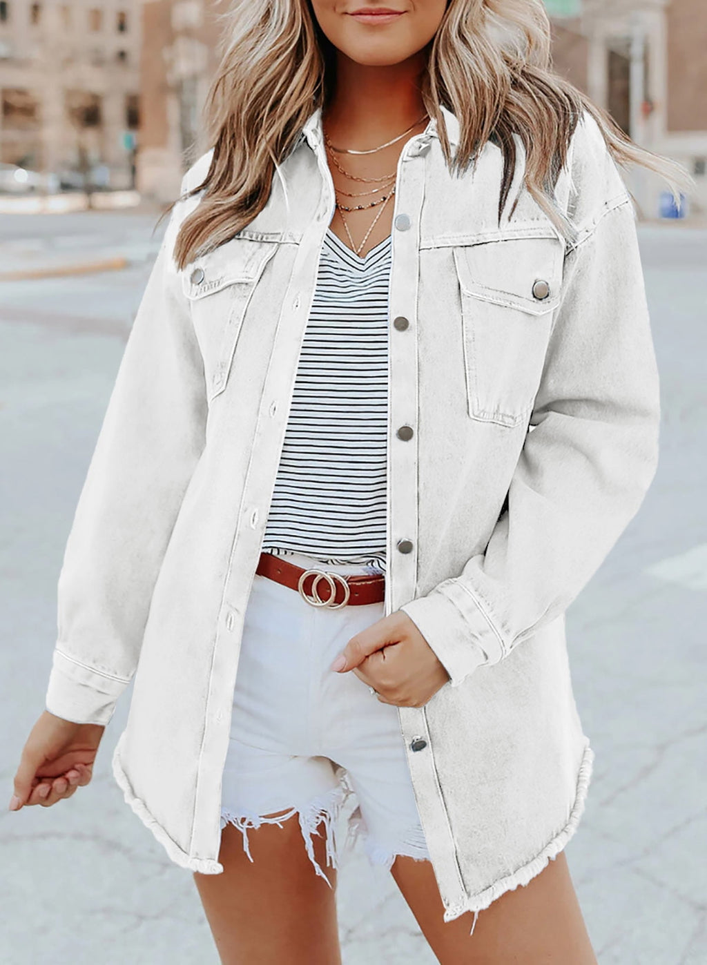 Damen Jeansjacke Klassischer Stil Ausgefransten Akzenten