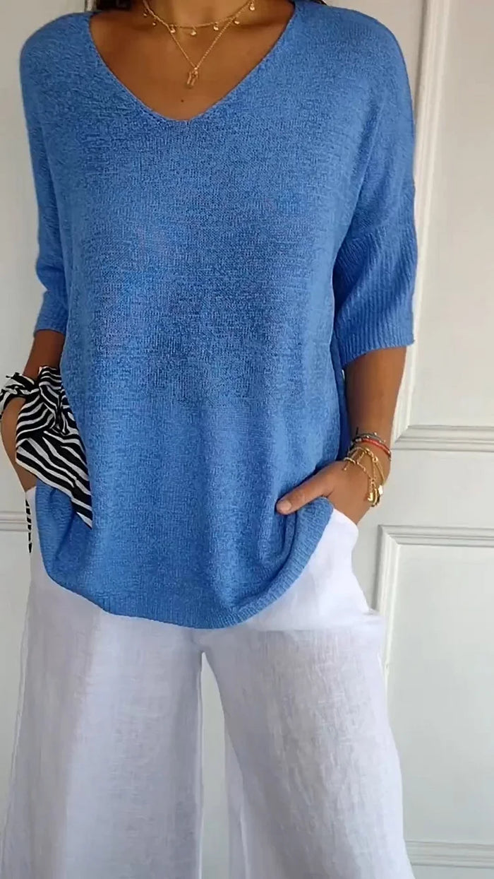 NOUVEAU RICHE Bequemes Damen-Stricktop mit V-Ausschnitt für lässige Alltagslooks und stilvolle Freizeitoutfits Blau