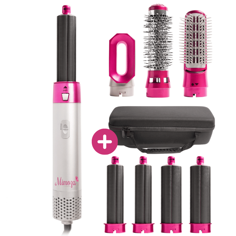 NOUVEAU RICHE 7-in-1 Föhnbürste & Luftstyler – 1000W Ionen Airstyler mit Lock-, Glätt-, Diffusor- & Volumenaufsätzen – Lyra Pink Reise-Etui