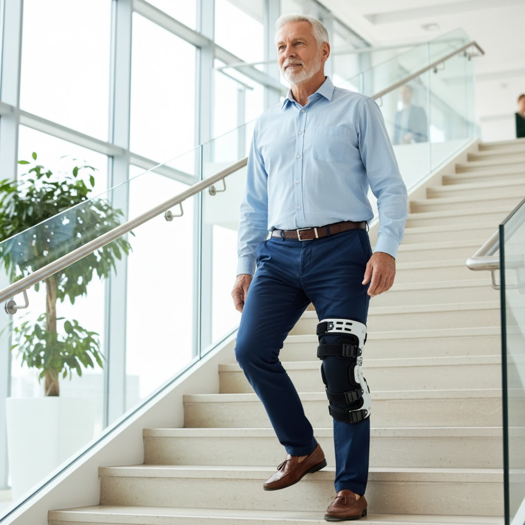 Ginocchiera ortopedica – Supporto per ginocchio alleviante con sostegno regolabile, sinistra o destra, taglia unica – ArthroGuard
