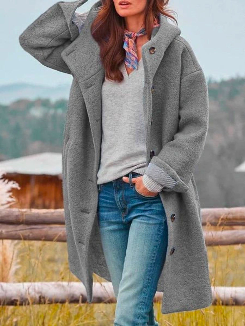 NOUVEAU RICHE Strukturierter Mantel mit Kapuze – Damen Wintermantel mit Kapuze, schmeichelhafte Passform, 5 Farben, S–3XL – Tasana Grau