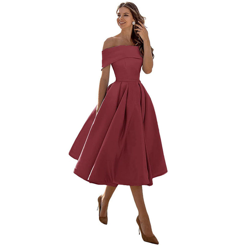 NOUVEAU RICHE Schulterfreies Satin Sommerkleid Damen Elegant Luftig A Linie Weinrot