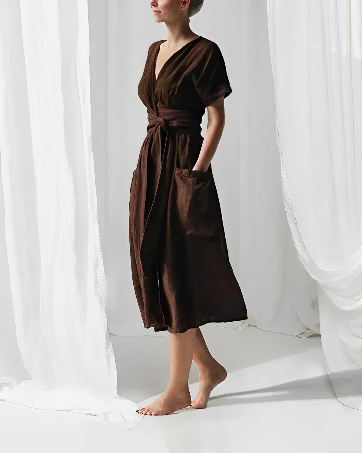 NOUVEAU RICHE Midikleid Mit Gürtel Seitentaschen V Ausschnitt Kimonoärmel