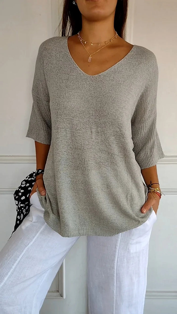 NOUVEAU RICHE Bequemes Damen-Stricktop mit V-Ausschnitt für lässige Alltagslooks und stilvolle Freizeitoutfits Grau