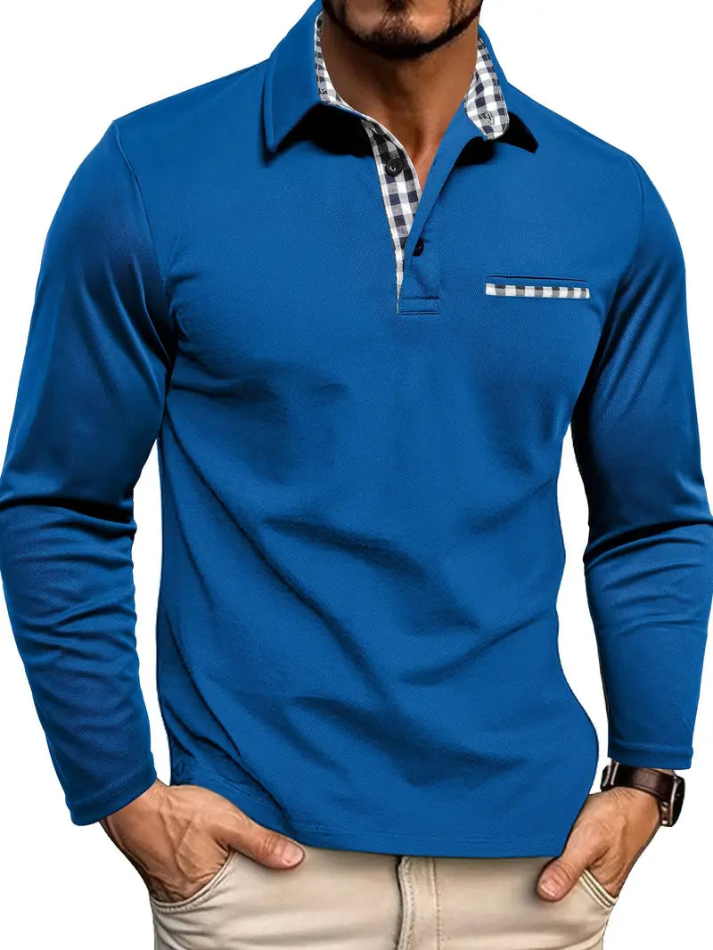 NOUVEAU RICHE Zipari | Herren Winter Langarm Poloshirt - Warmes Baumwolle Polo Langarmhemd Blau