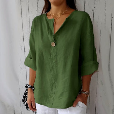NOUVEAU RICHE Damen Bluse Lockerer Schnitt V-Ausschnitt 3/4 Ärmel Knopf Grün