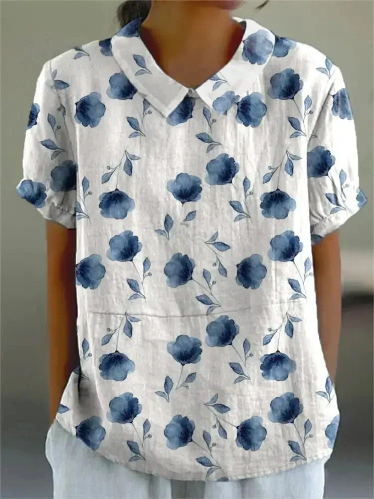 NOUVEAU RICHE Damen Sommerhemd Fischmuster Kurzarm Lockere Passform Blau