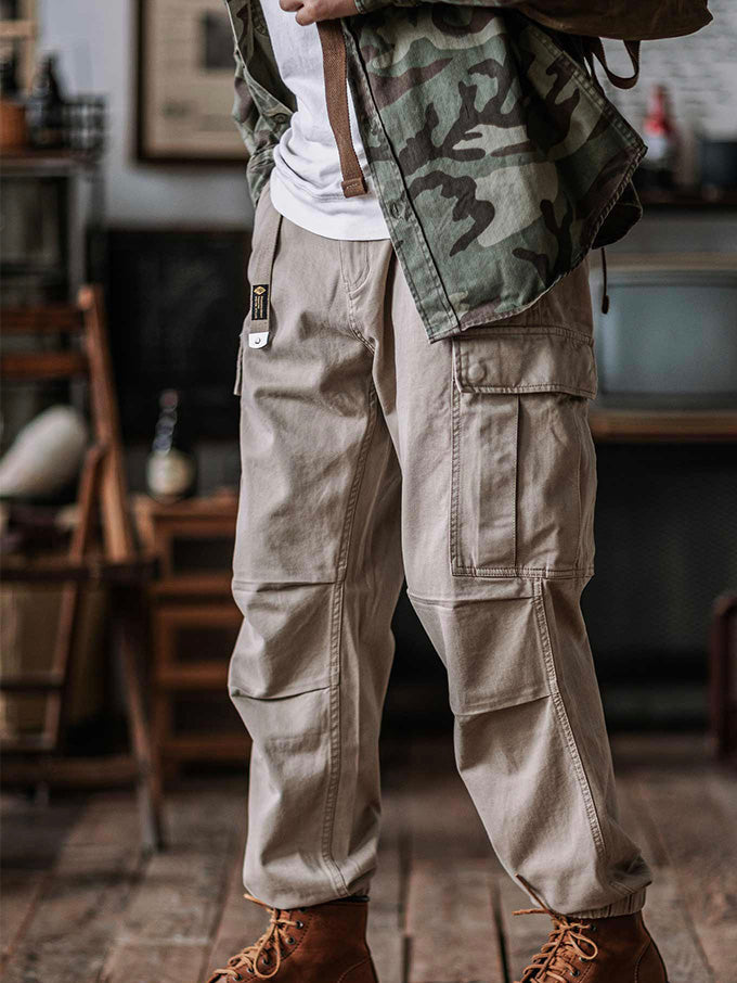 NOUVEAU RICHE Herren Gewaschene Taktische Cargo-Hosen Mit Gürtel Aus Baumwoll-Twill In Lockere Passform Mit Elastischen Bündchen Und 2 Großen Cargo-Taschen Khaki