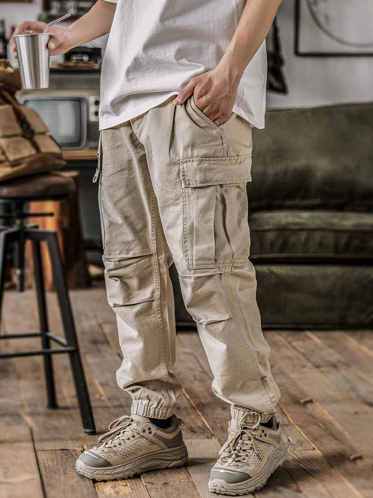 NOUVEAU RICHE Herren Gewaschene Taktische Cargo-Hosen Mit Gürtel Aus Baumwoll-Twill In Lockere Passform Mit Elastischen Bündchen Und 2 Großen Cargo-Taschen