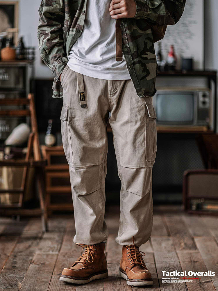 NOUVEAU RICHE Herren Gewaschene Taktische Cargo-Hosen Mit Gürtel Aus Baumwoll-Twill In Lockere Passform Mit Elastischen Bündchen Und 2 Großen Cargo-Taschen
